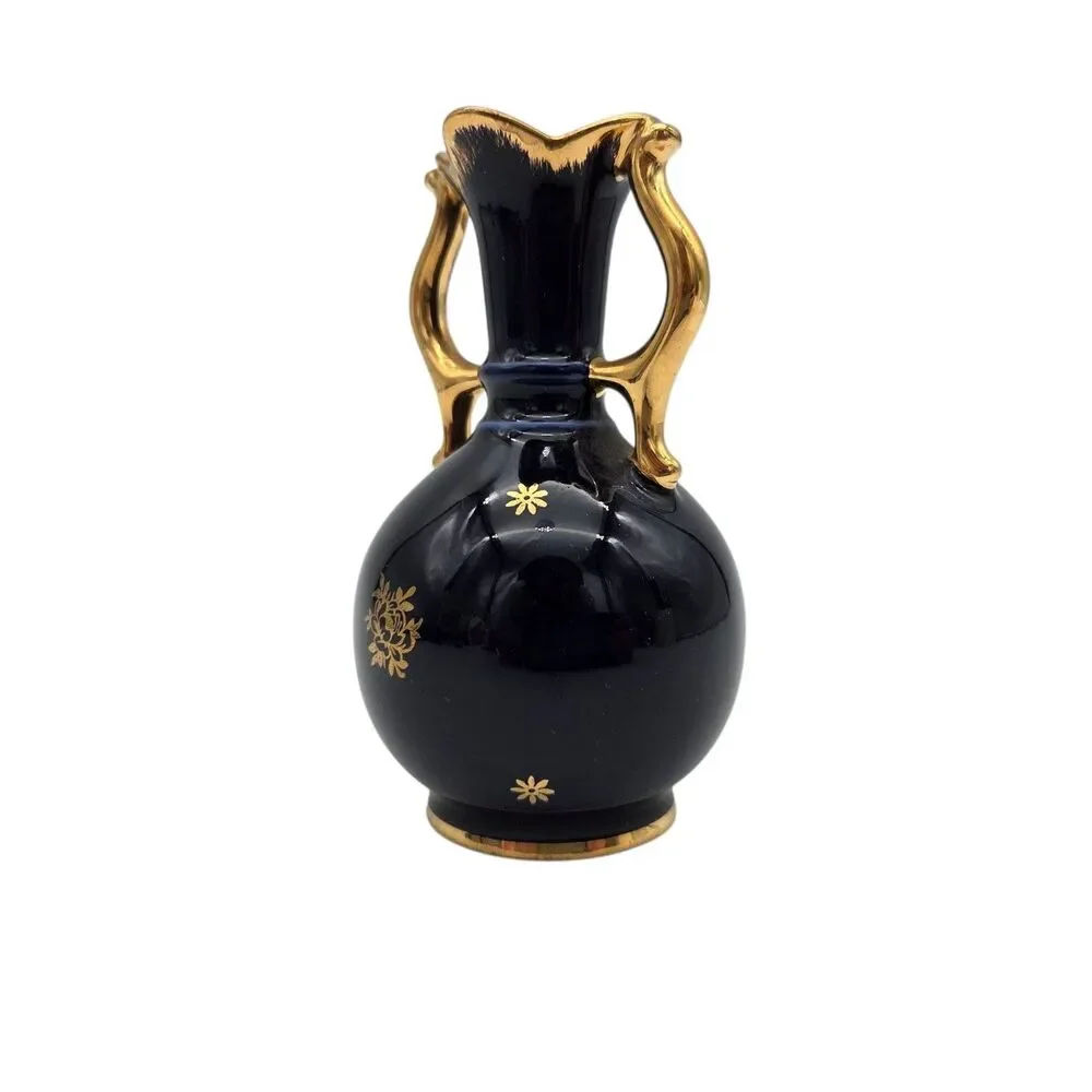 Vintage Limoges France Cobalt Blue Gilded Miniature Vase Gold Courting Couple 5